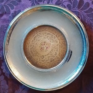 Vintage Farberware  Brooklyn NY tray with lace and needlepoint under glass